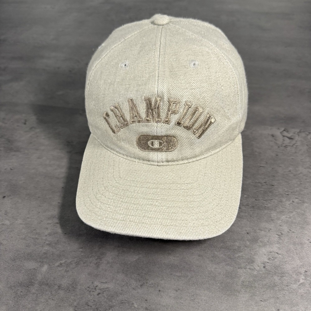 Vintage 90s Champion Hat Khaki Tan Beige Adjustable‎ Stretch 100% Cotton